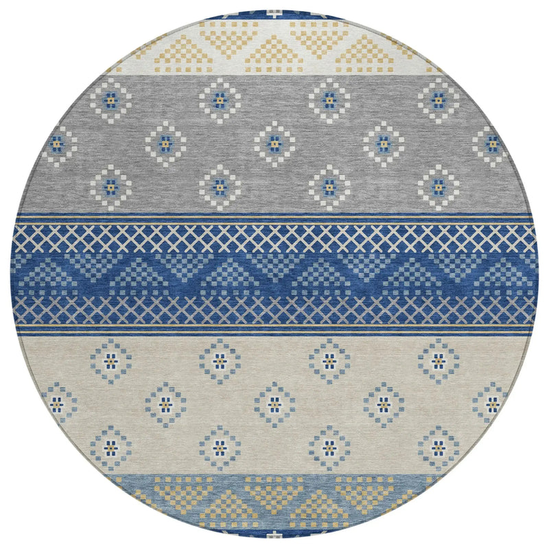 8' Navy Blue And Copper Round Striped Washable Indoor Outdoor Area Rug Homeroots Outdoor