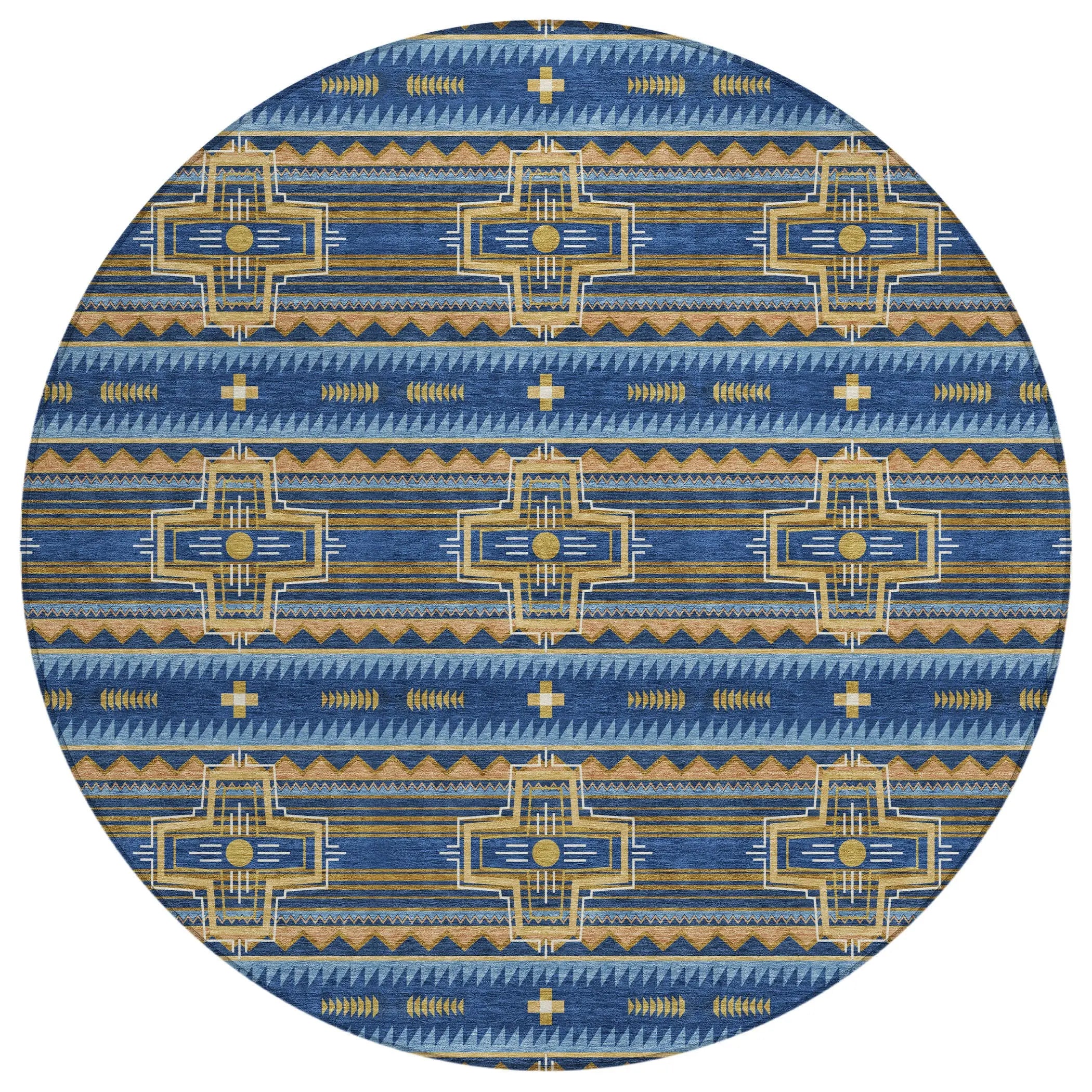 8' Navy Blue And Coral Round Tribal Washable Indoor Outdoor Area Rug Homeroots Outdoor