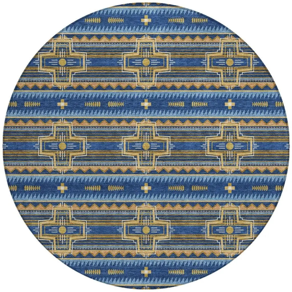 8' Navy Blue And Coral Round Tribal Washable Indoor Outdoor Area Rug Homeroots Outdoor