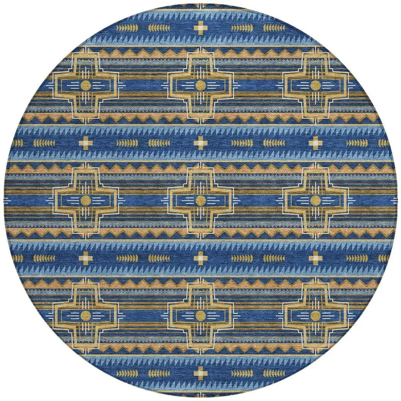8' Navy Blue And Coral Round Tribal Washable Indoor Outdoor Area Rug Homeroots Outdoor