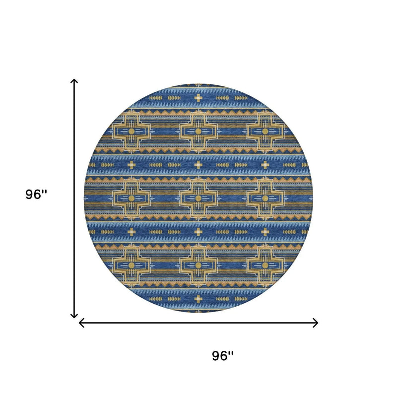 8' Navy Blue And Coral Round Tribal Washable Indoor Outdoor Area Rug Homeroots Outdoor