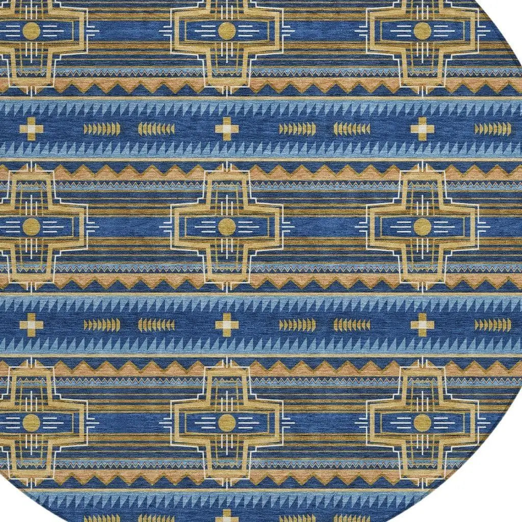 8' Navy Blue And Coral Round Tribal Washable Indoor Outdoor Area Rug Homeroots Outdoor