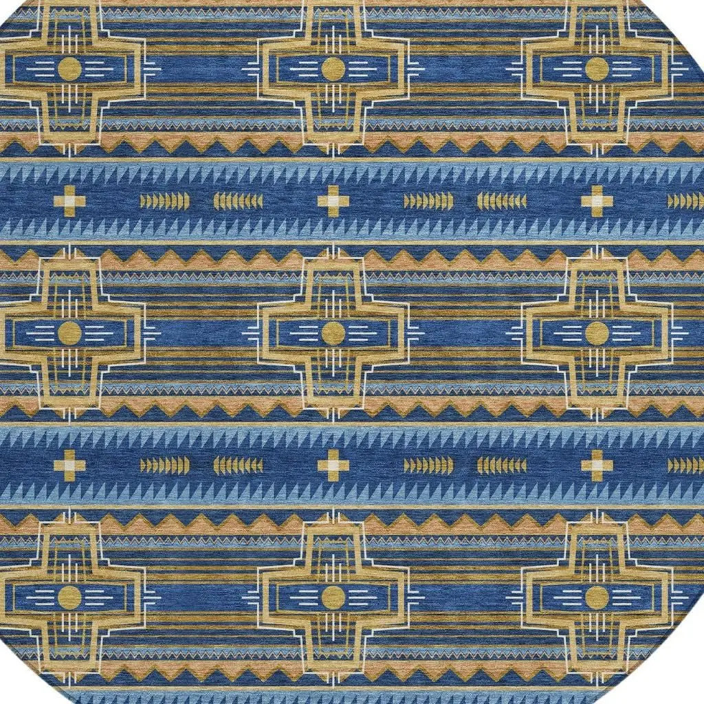 8' Navy Blue And Coral Round Tribal Washable Indoor Outdoor Area Rug Homeroots Outdoor