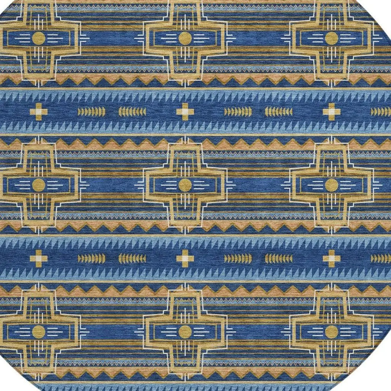 8' Navy Blue And Coral Round Tribal Washable Indoor Outdoor Area Rug Homeroots Outdoor