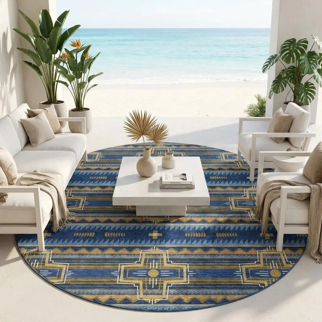 8' Navy Blue And Coral Round Tribal Washable Indoor Outdoor Area Rug Homeroots Outdoor