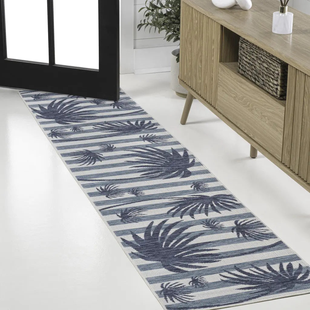 8' Navy Blue And Cream Floral Indoor Outdoor Runner Rug Homeroots Outdoor