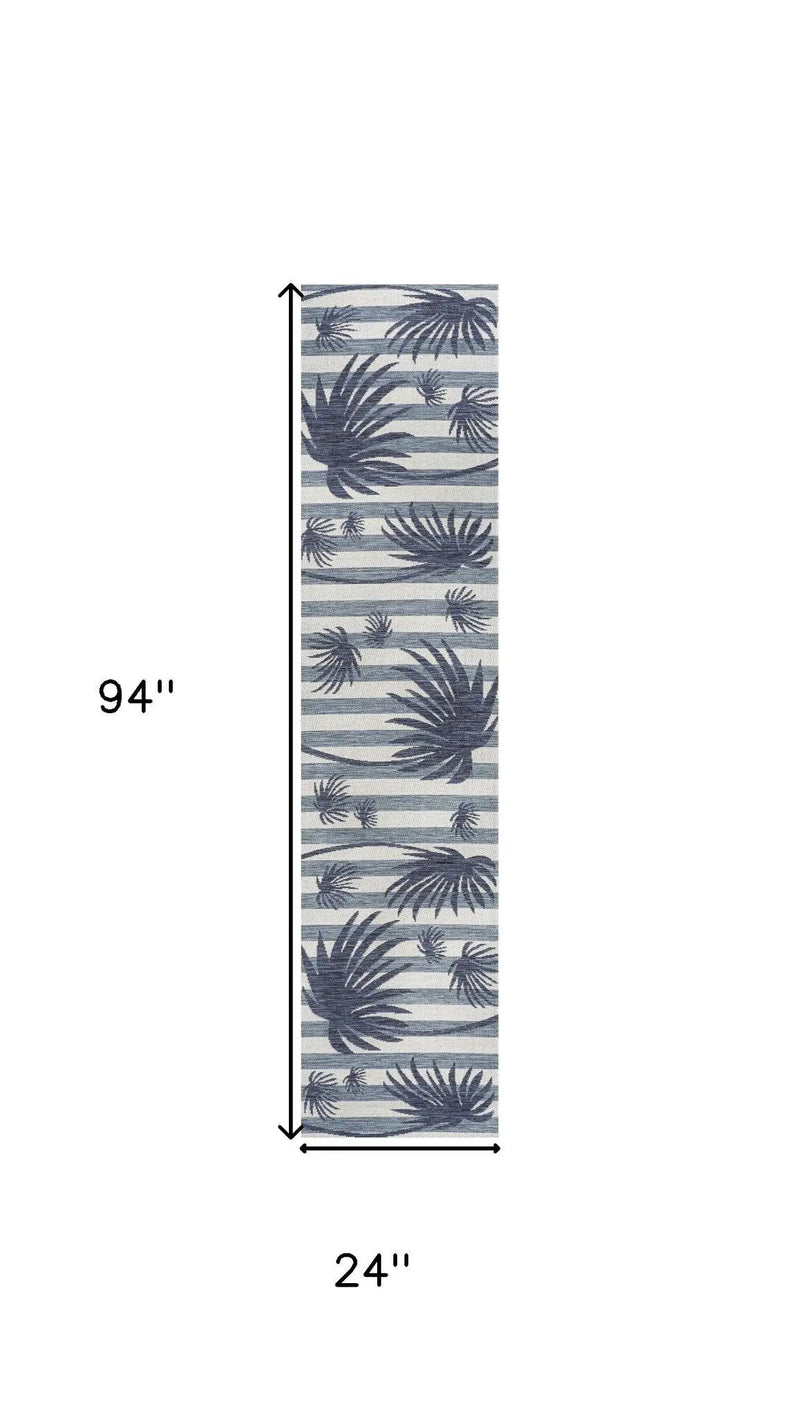 8' Navy Blue And Cream Floral Indoor Outdoor Runner Rug Homeroots Outdoor