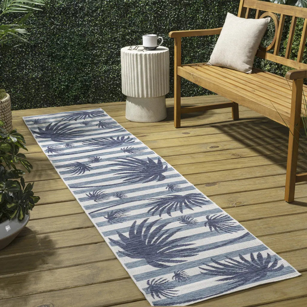 8' Navy Blue And Cream Floral Indoor Outdoor Runner Rug Homeroots Outdoor