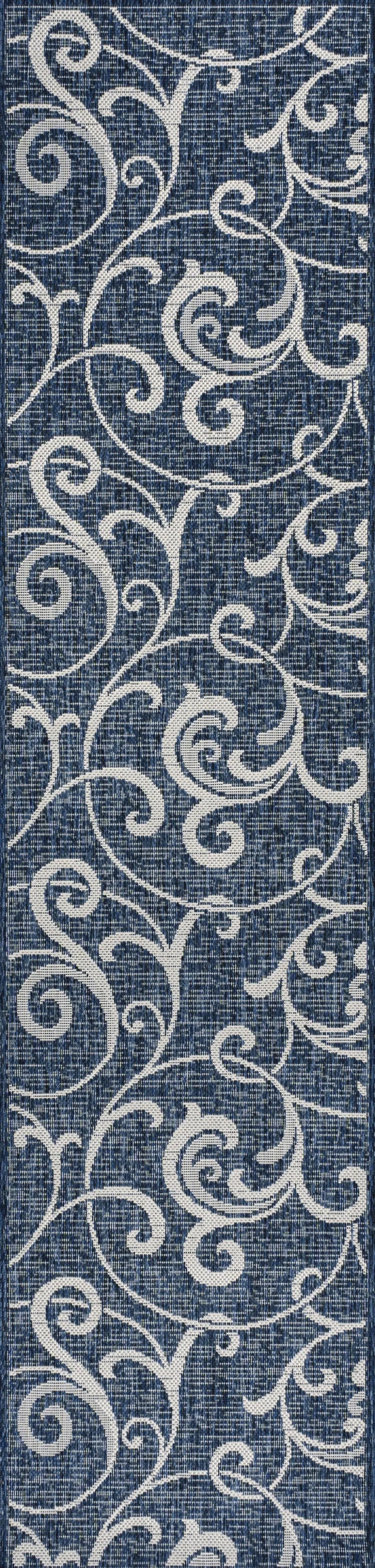 8' Navy Blue And Cream Floral Indoor Outdoor Runner Rug Homeroots Outdoor