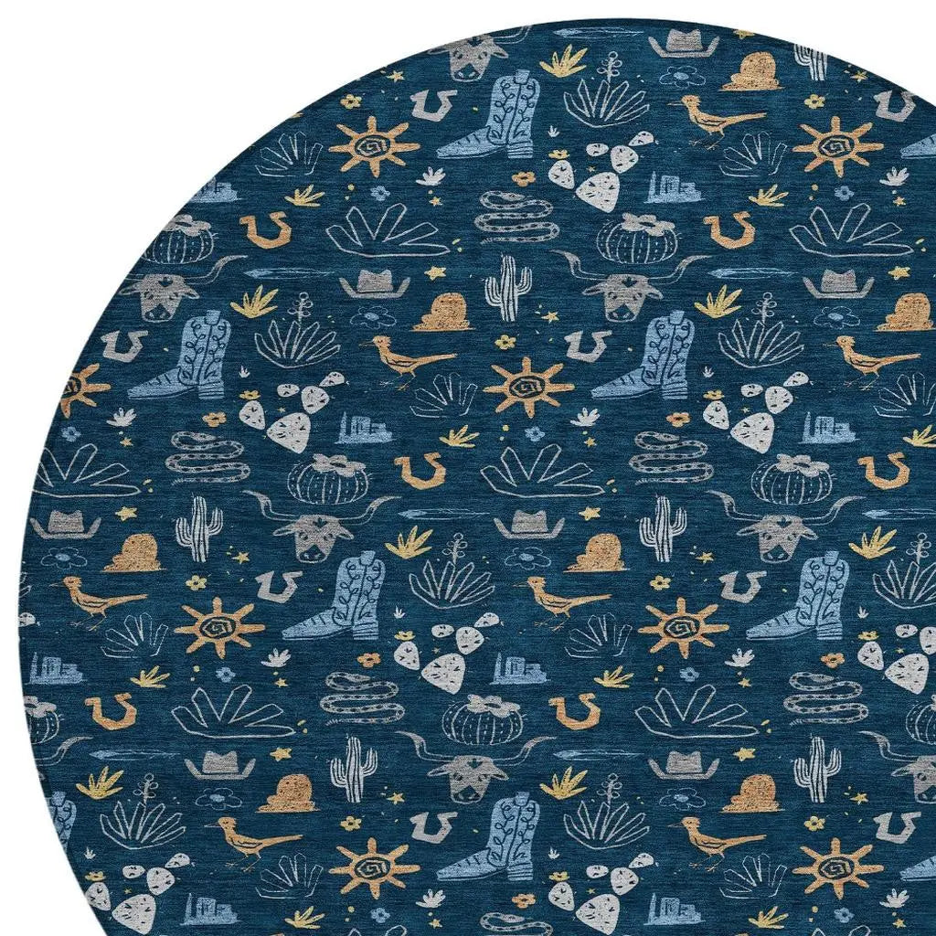8' Navy Blue And Denim Blue Round Cactus Washable Indoor Outdoor Area Rug Homeroots Outdoor
