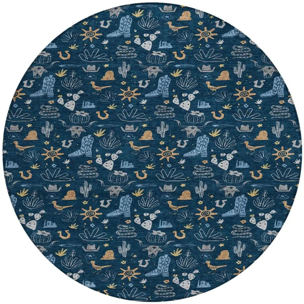 8' Navy Blue And Denim Blue Round Cactus Washable Indoor Outdoor Area Rug Homeroots Outdoor