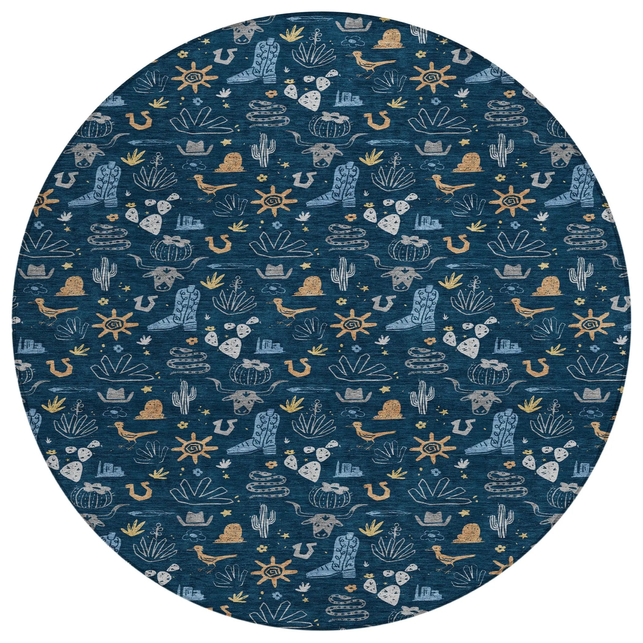 8' Navy Blue And Denim Blue Round Cactus Washable Indoor Outdoor Area Rug Homeroots Outdoor