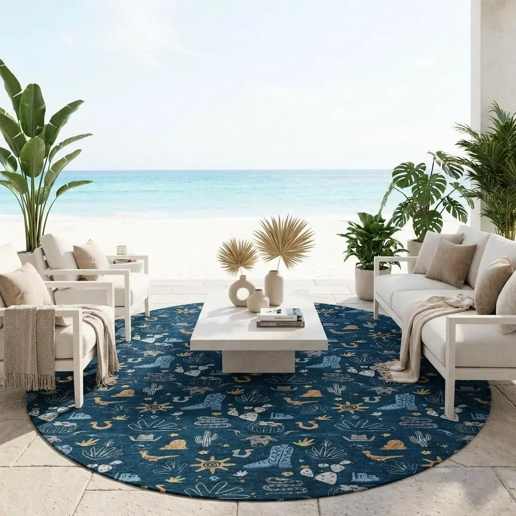 8' Navy Blue And Denim Blue Round Cactus Washable Indoor Outdoor Area Rug Homeroots Outdoor