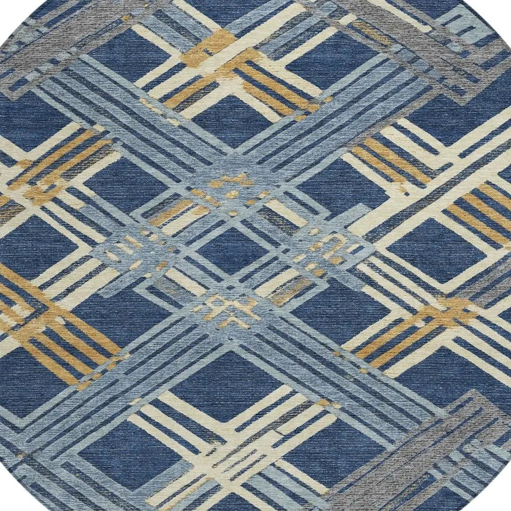 8' Navy Blue And Denim Blue Round Geometric Washable Indoor Outdoor Area Rug Homeroots Outdoor