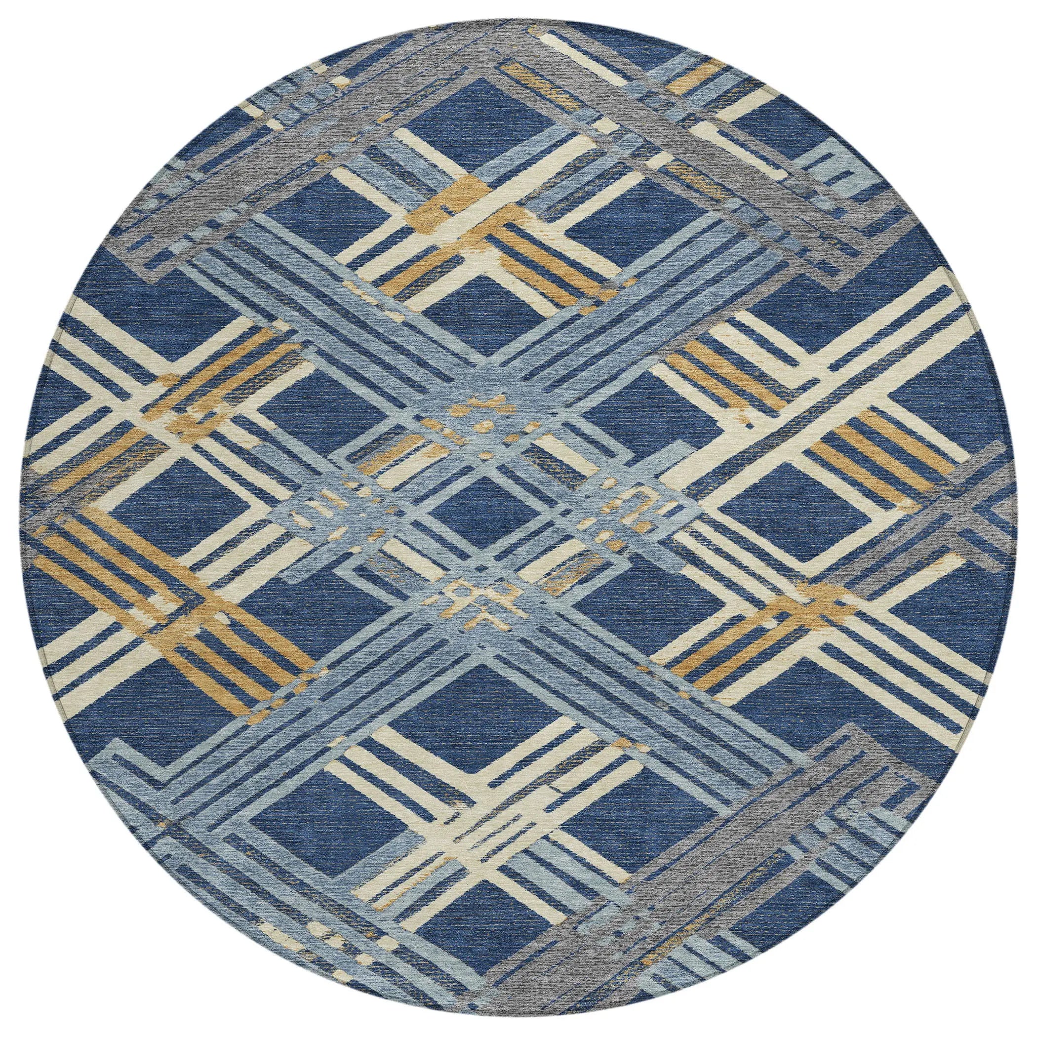 8' Navy Blue And Denim Blue Round Geometric Washable Indoor Outdoor Area Rug Homeroots Outdoor