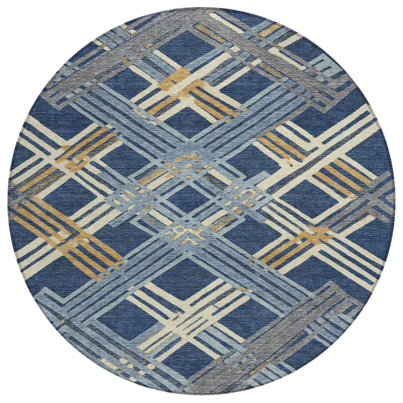 8' Navy Blue And Denim Blue Round Geometric Washable Indoor Outdoor Area Rug Homeroots Outdoor