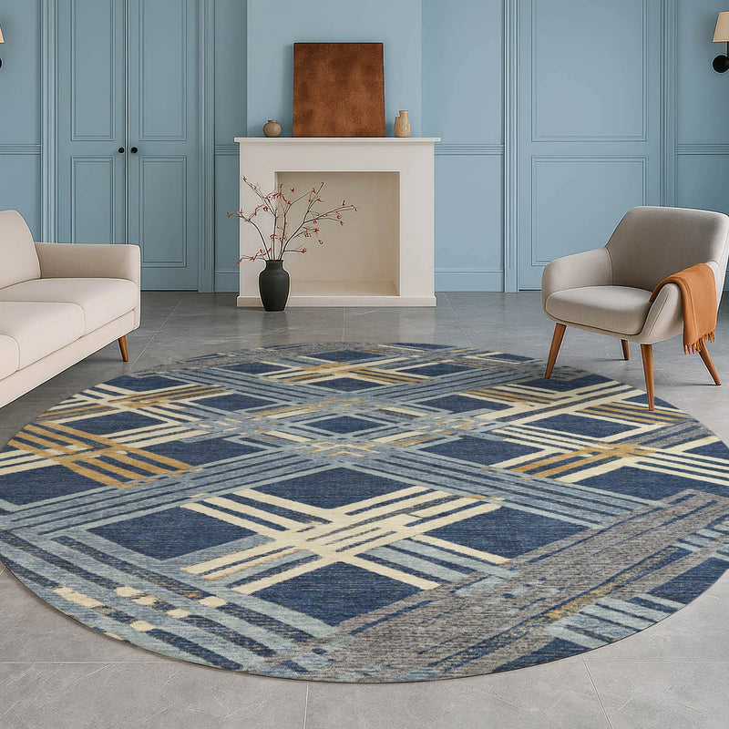 8' Navy Blue And Denim Blue Round Geometric Washable Indoor Outdoor Area Rug Homeroots Outdoor