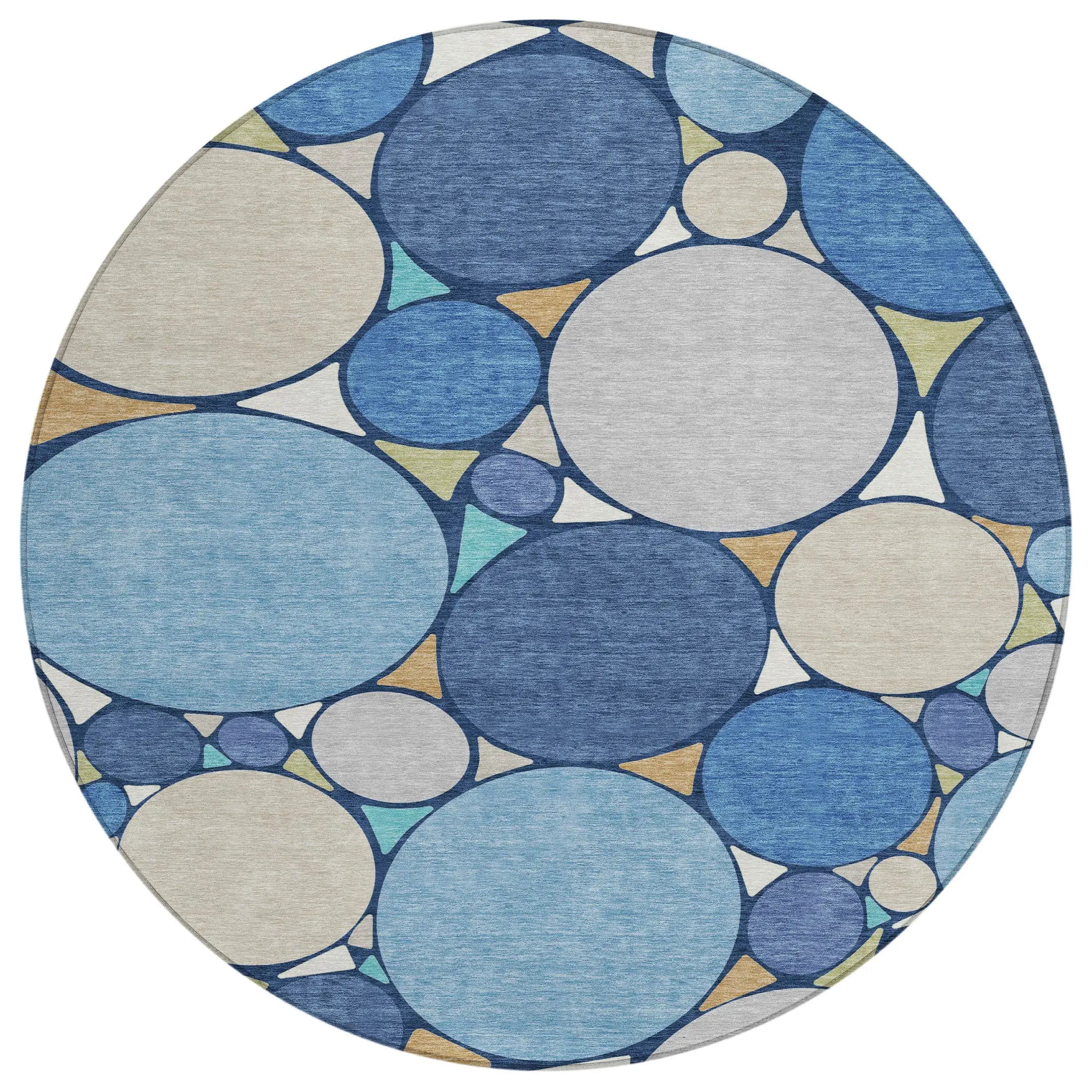 8' Navy Blue And Denim Blue Round Geometric Washable Indoor Outdoor Area Rug Homeroots Outdoor