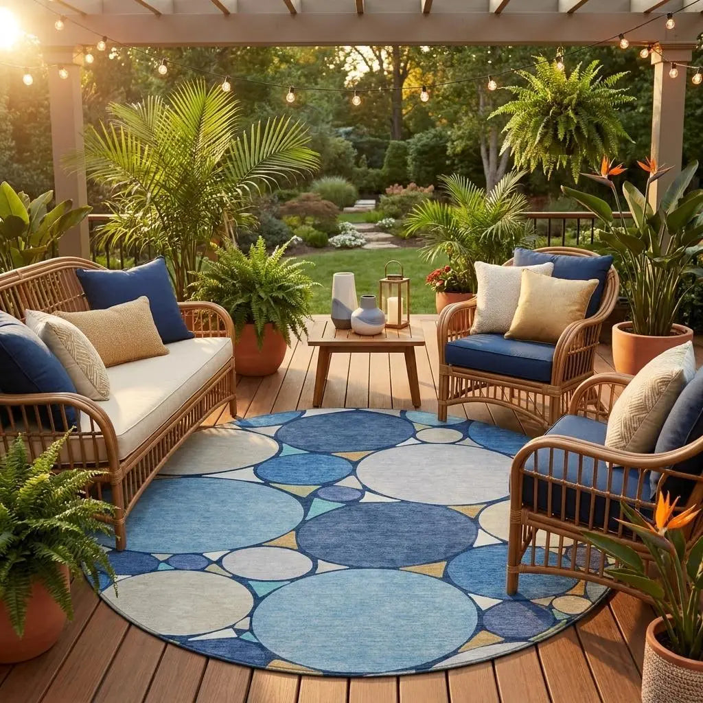 8' Navy Blue And Denim Blue Round Geometric Washable Indoor Outdoor Area Rug Homeroots Outdoor