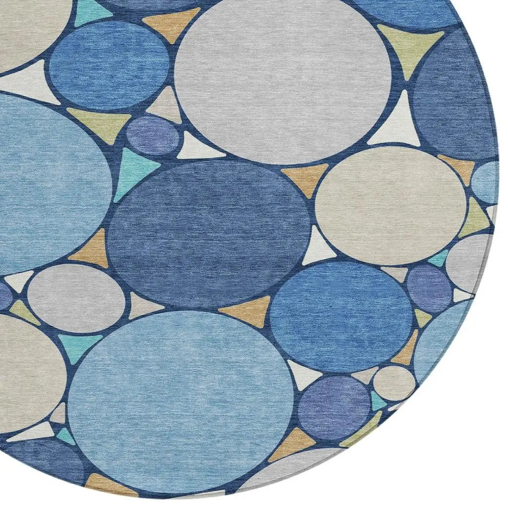 8' Navy Blue And Denim Blue Round Geometric Washable Indoor Outdoor Area Rug Homeroots Outdoor