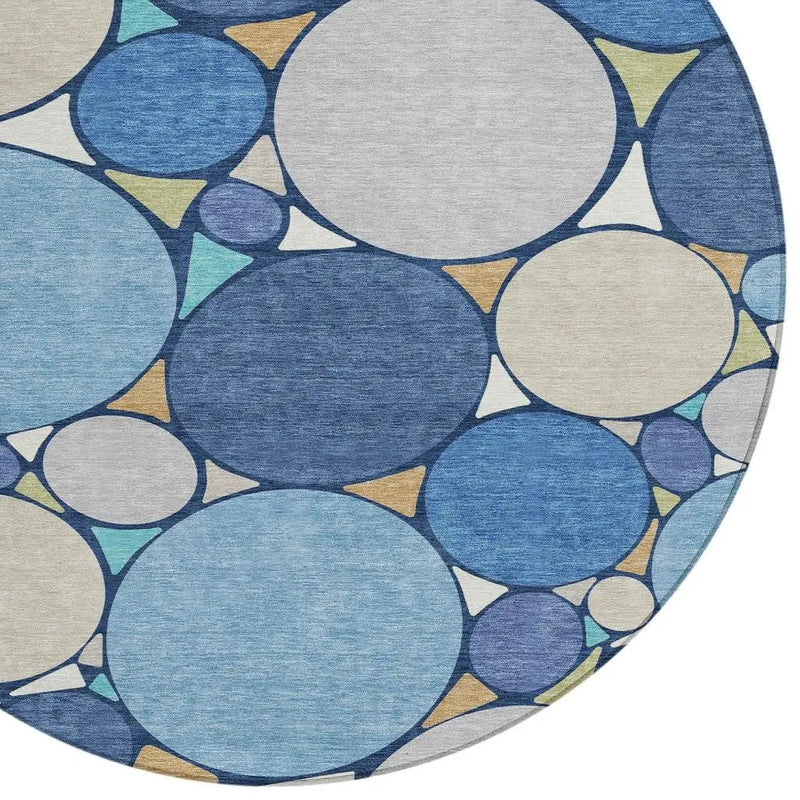 8' Navy Blue And Denim Blue Round Geometric Washable Indoor Outdoor Area Rug Homeroots Outdoor