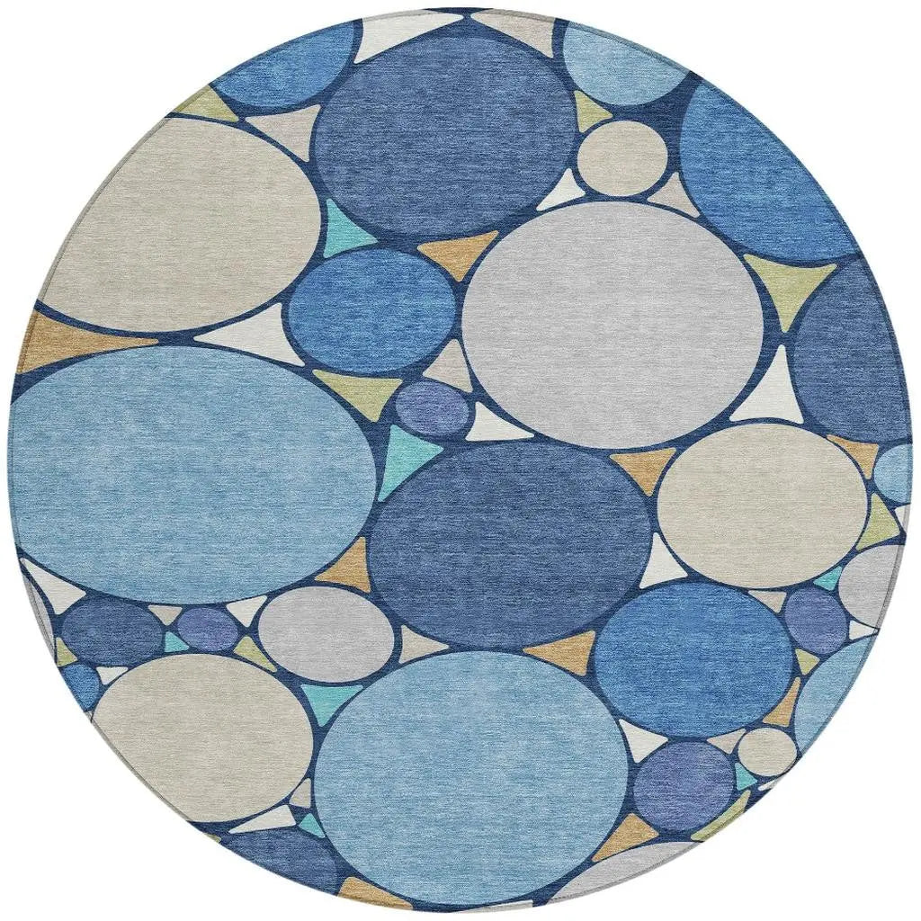 8' Navy Blue And Denim Blue Round Geometric Washable Indoor Outdoor Area Rug Homeroots Outdoor
