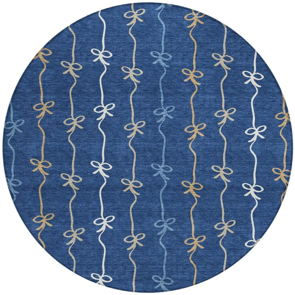 8' Navy Blue And Denim Blue Round Southwestern Washable Indoor Outdoor Area Rug Homeroots Outdoor
