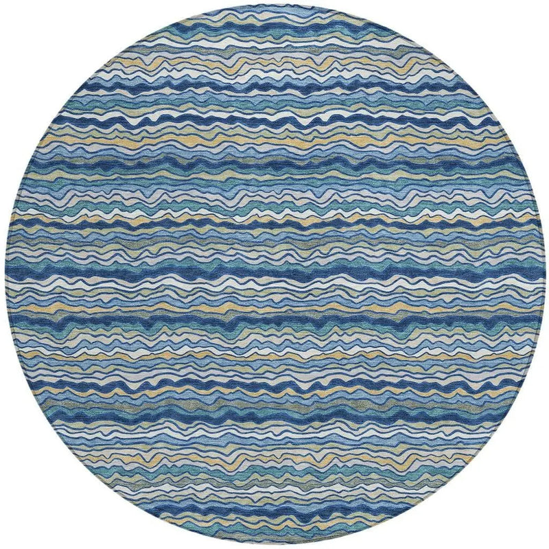 8' Navy Blue And Denim Blue Round Striped Washable Indoor Outdoor Area Rug Homeroots Outdoor