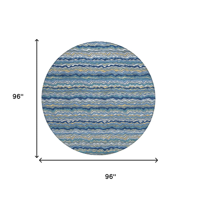 8' Navy Blue And Denim Blue Round Striped Washable Indoor Outdoor Area Rug Homeroots Outdoor