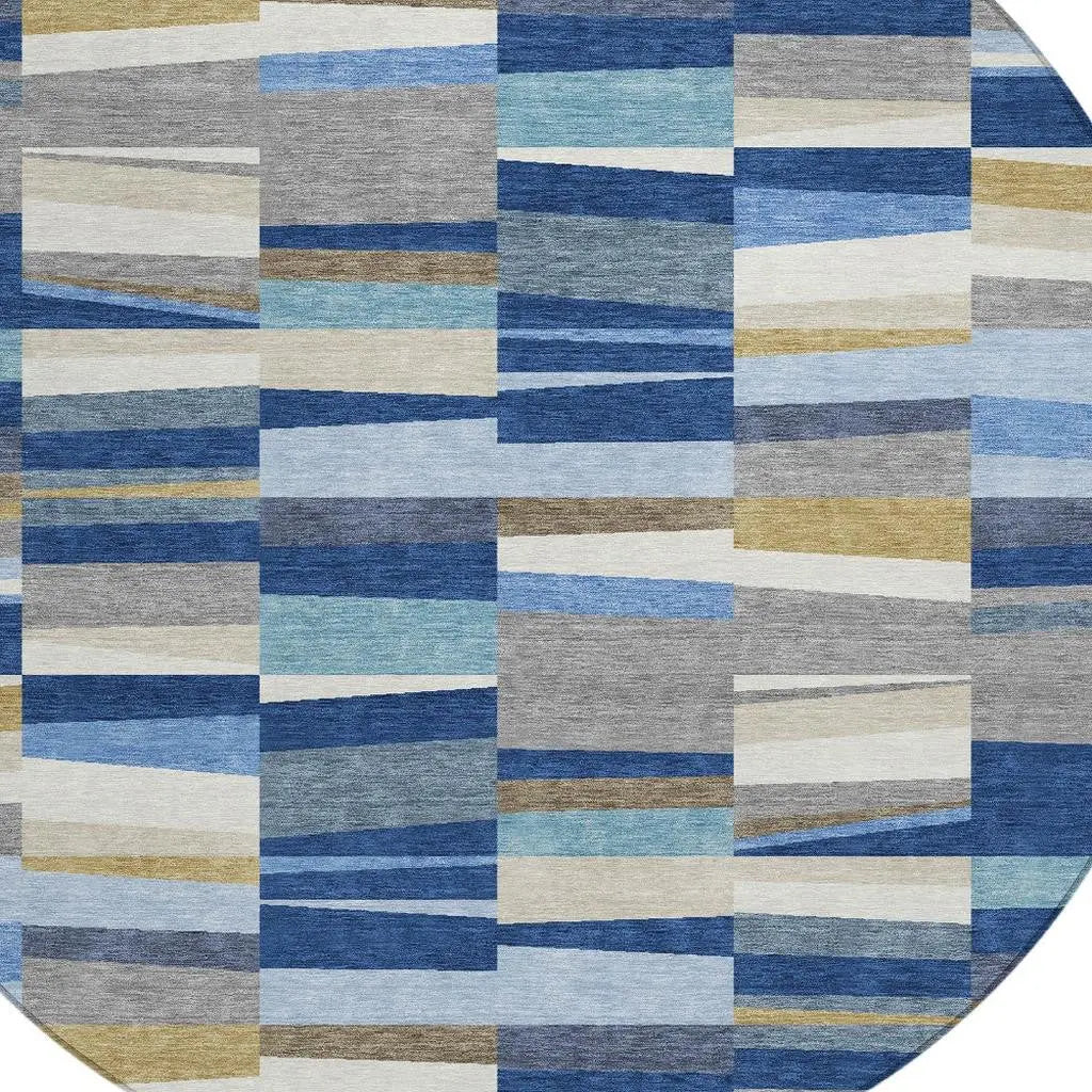 8' Navy Blue And Denim Blue Round Striped Washable Indoor Outdoor Area Rug Homeroots Outdoor