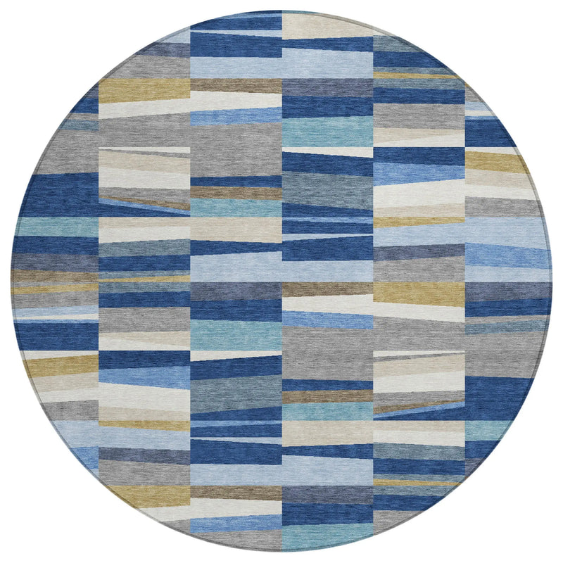 8' Navy Blue And Denim Blue Round Striped Washable Indoor Outdoor Area Rug Homeroots Outdoor