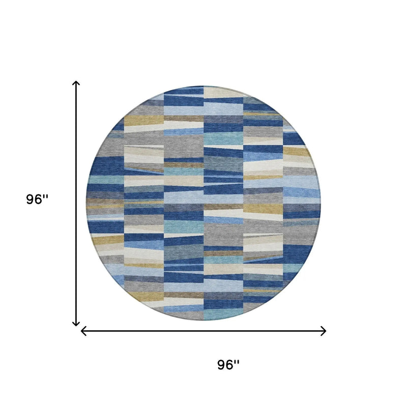 8' Navy Blue And Denim Blue Round Striped Washable Indoor Outdoor Area Rug Homeroots Outdoor