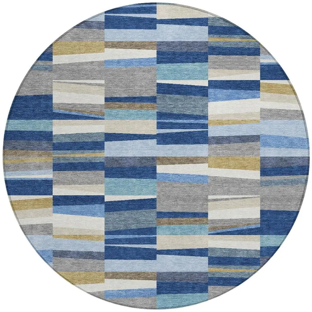 8' Navy Blue And Denim Blue Round Striped Washable Indoor Outdoor Area Rug Homeroots Outdoor