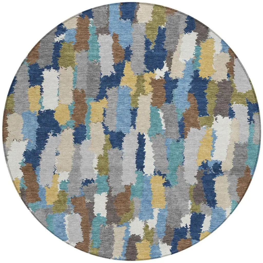 8' Navy Blue And Denim Blue Round Striped Washable Indoor Outdoor Area Rug Homeroots Outdoor