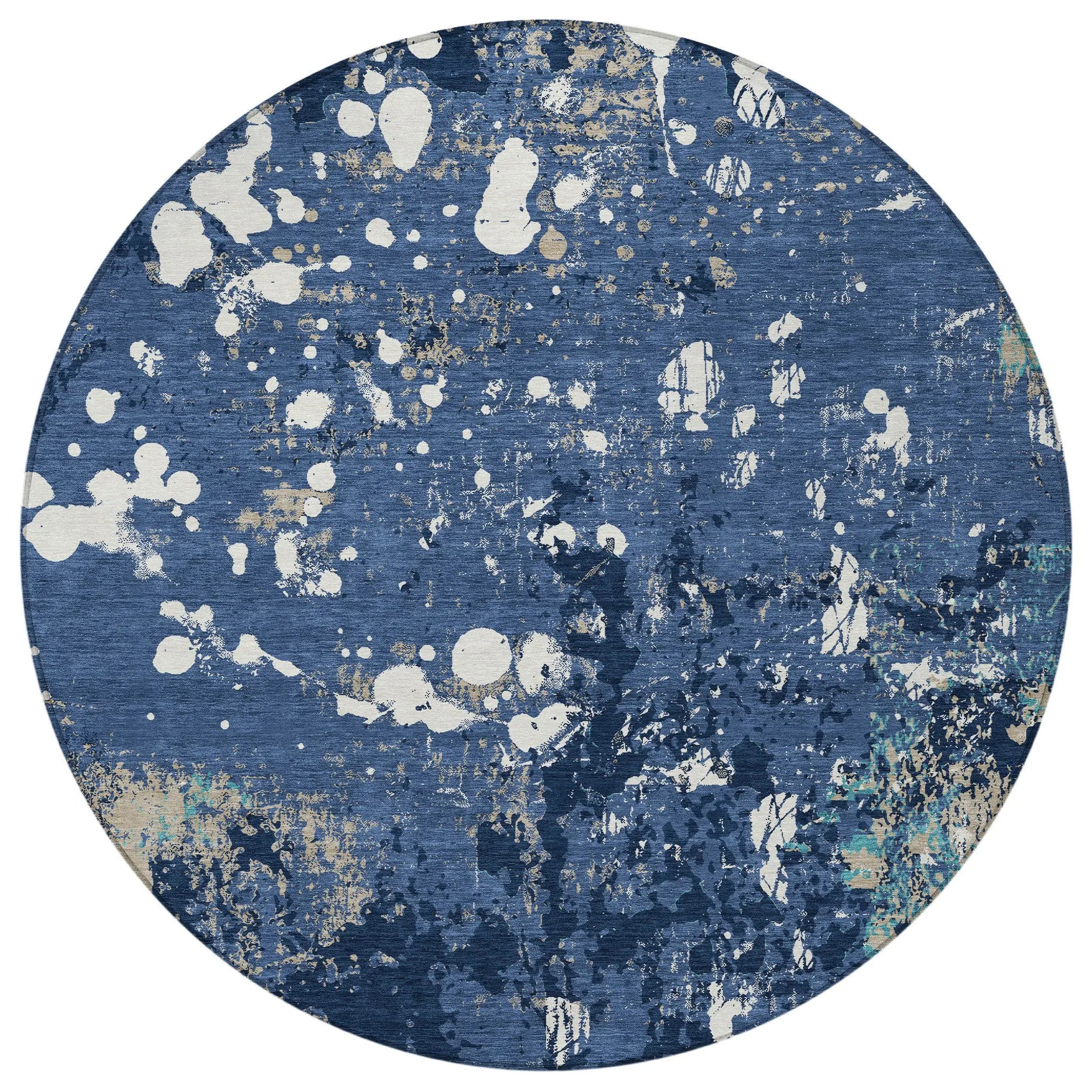 8' Navy Blue And Fern Green Round Abstract Washable Indoor Outdoor Area Rug Homeroots Outdoor