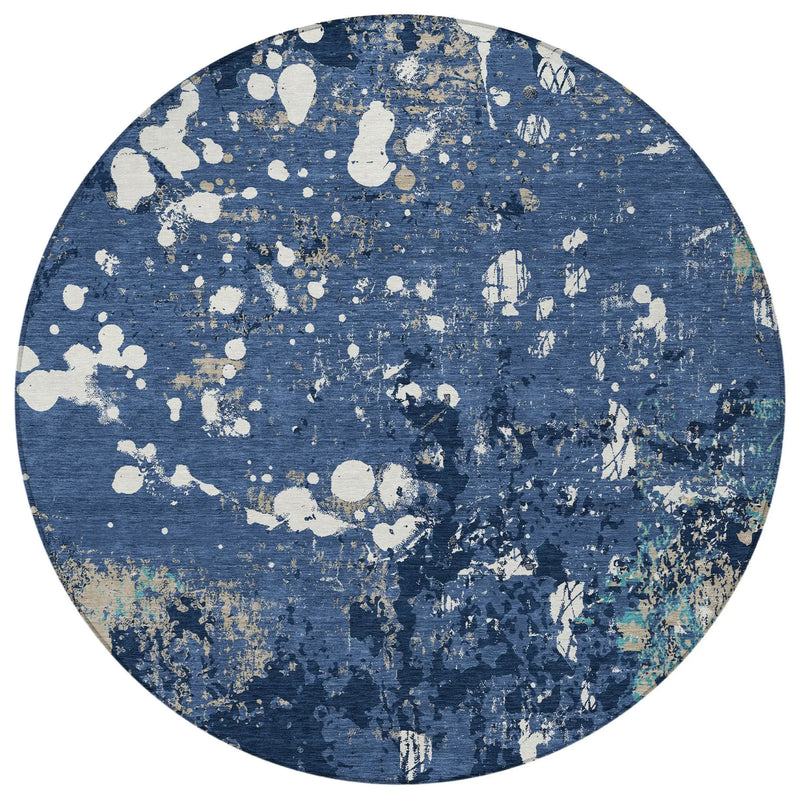 8' Navy Blue And Fern Green Round Abstract Washable Indoor Outdoor Area Rug Homeroots Outdoor