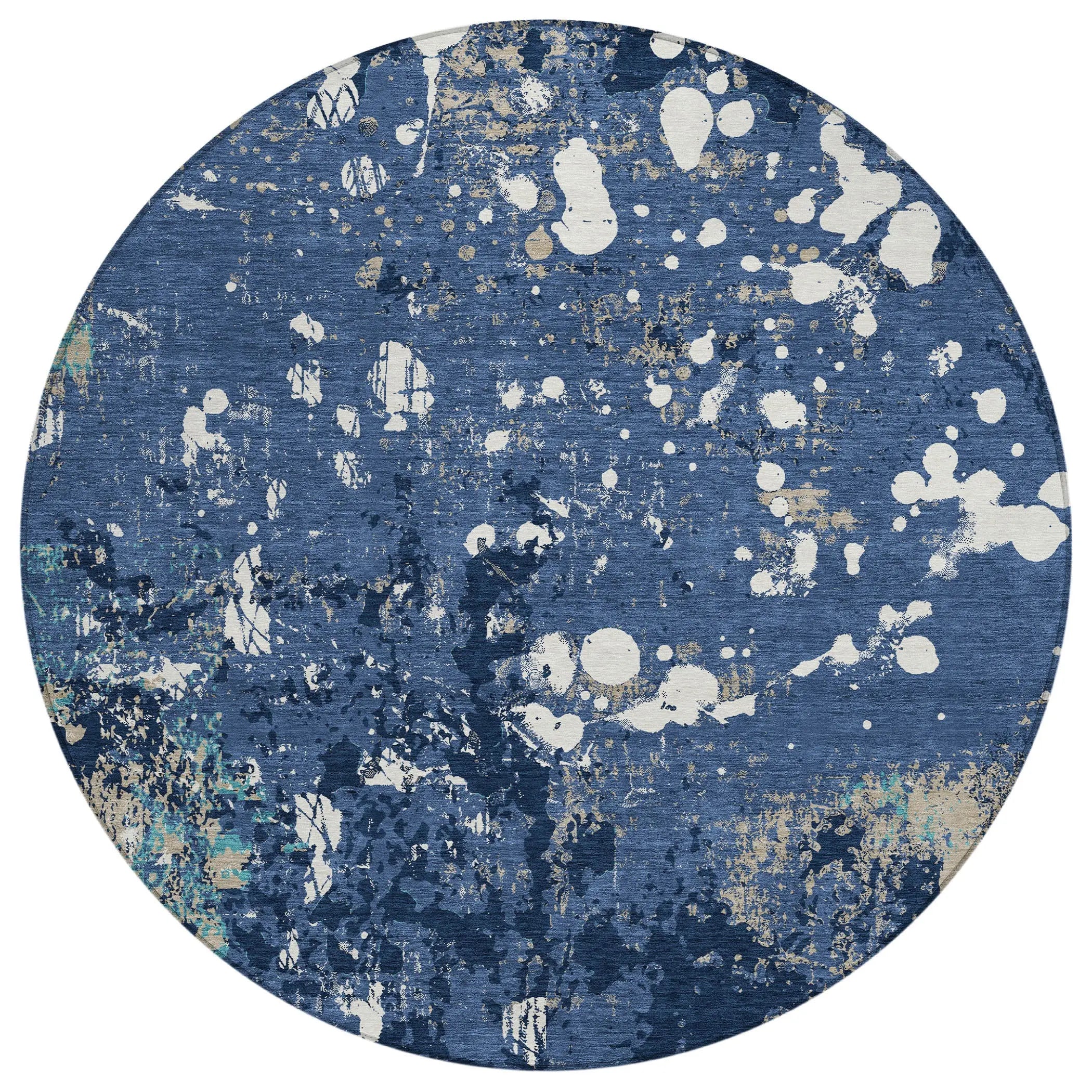 8' Navy Blue And Fern Green Round Abstract Washable Indoor Outdoor Area Rug Homeroots Outdoor
