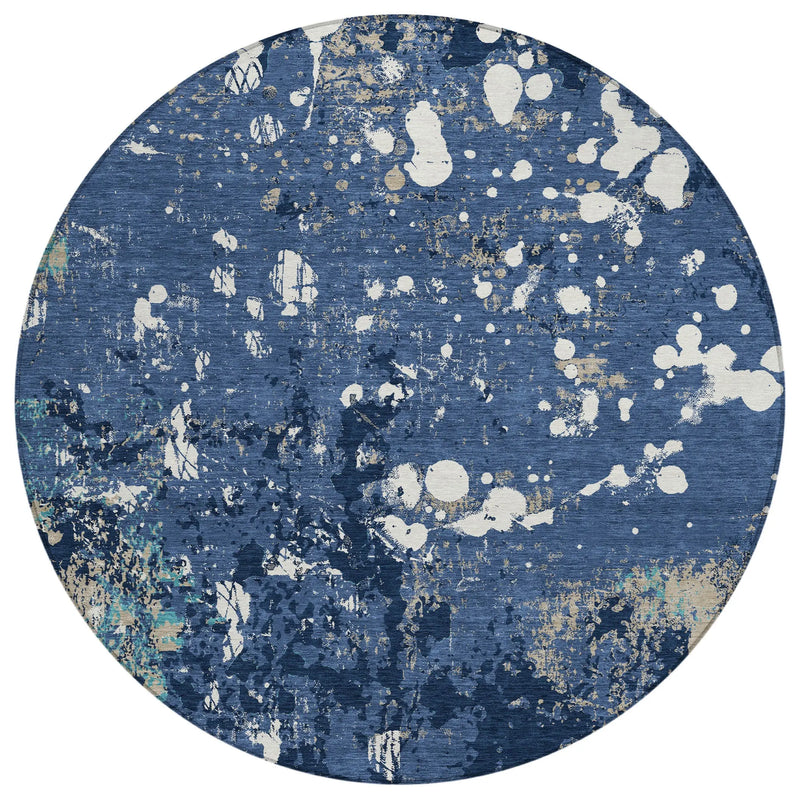 8' Navy Blue And Fern Green Round Abstract Washable Indoor Outdoor Area Rug Homeroots Outdoor