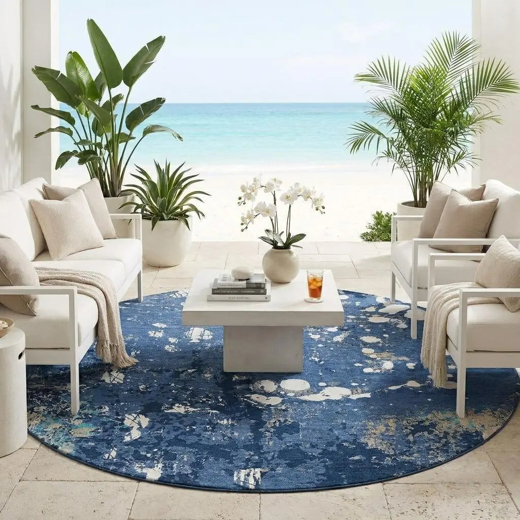8' Navy Blue And Fern Green Round Abstract Washable Indoor Outdoor Area Rug Homeroots Outdoor