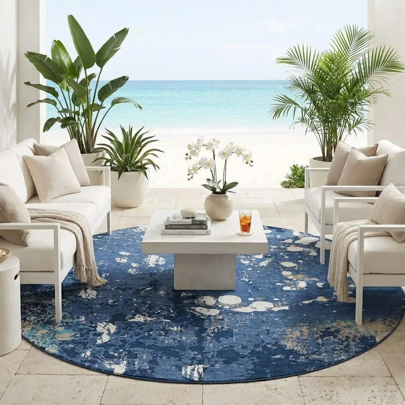 8' Navy Blue And Fern Green Round Abstract Washable Indoor Outdoor Area Rug Homeroots Outdoor