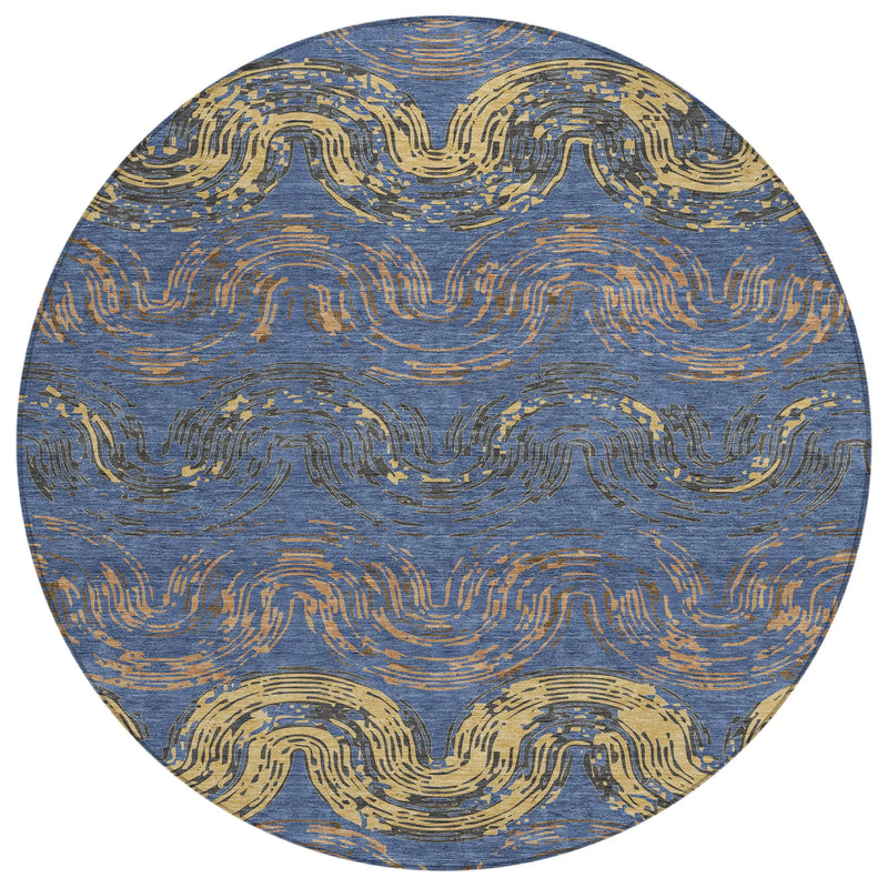 8' Navy Blue And Gold Round Abstract Washable Indoor Outdoor Area Rug Homeroots Outdoor