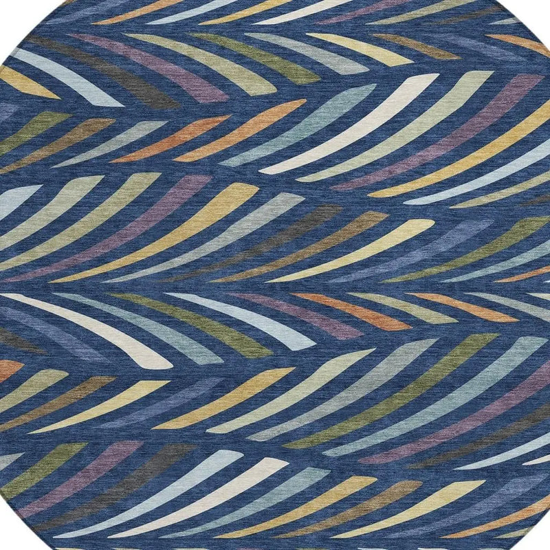 8' Navy Blue And Gold Round Abstract Washable Indoor Outdoor Area Rug Homeroots Outdoor