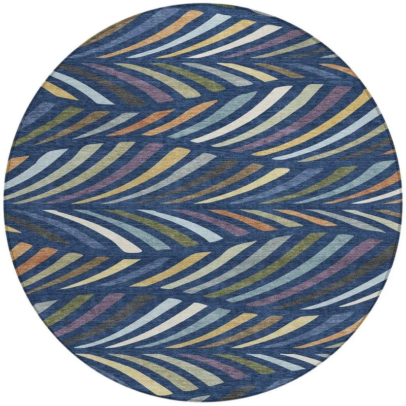 8' Navy Blue And Gold Round Abstract Washable Indoor Outdoor Area Rug Homeroots Outdoor