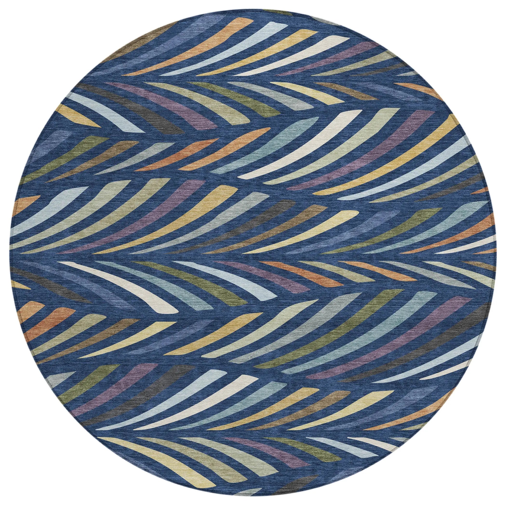 8' Navy Blue And Gold Round Abstract Washable Indoor Outdoor Area Rug Homeroots Outdoor