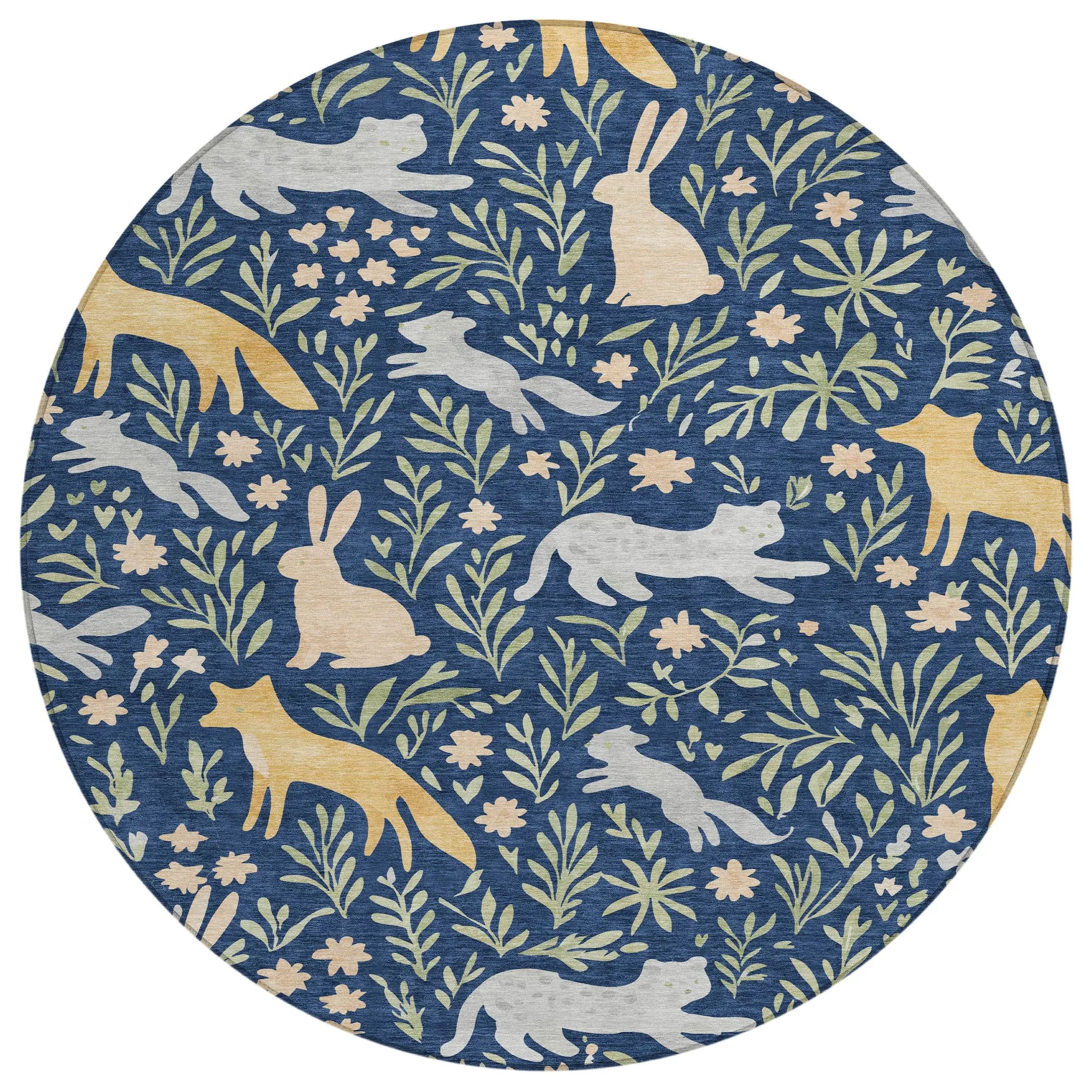 8' Navy Blue And Gold Round Botanical Leaves Washable Indoor Outdoor Area Rug Homeroots Outdoor