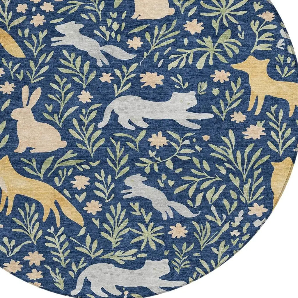 8' Navy Blue And Gold Round Botanical Leaves Washable Indoor Outdoor Area Rug Homeroots Outdoor
