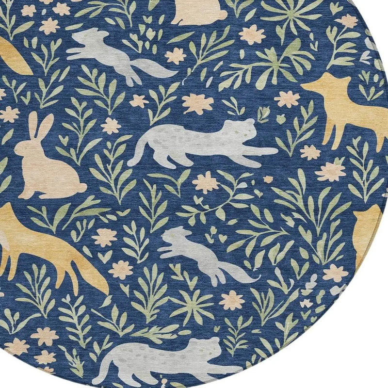 8' Navy Blue And Gold Round Botanical Leaves Washable Indoor Outdoor Area Rug Homeroots Outdoor