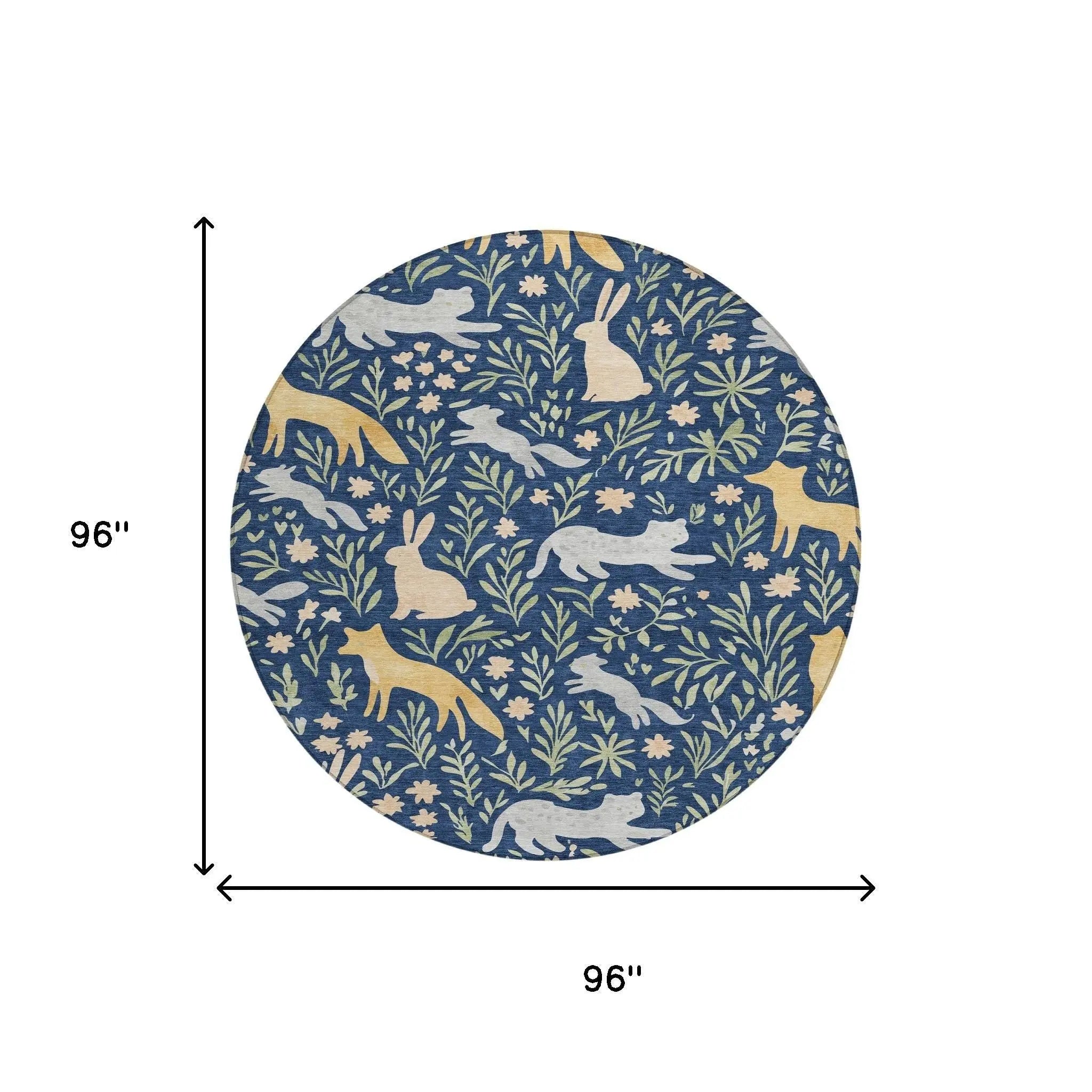 8' Navy Blue And Gold Round Botanical Leaves Washable Indoor Outdoor Area Rug Homeroots Outdoor