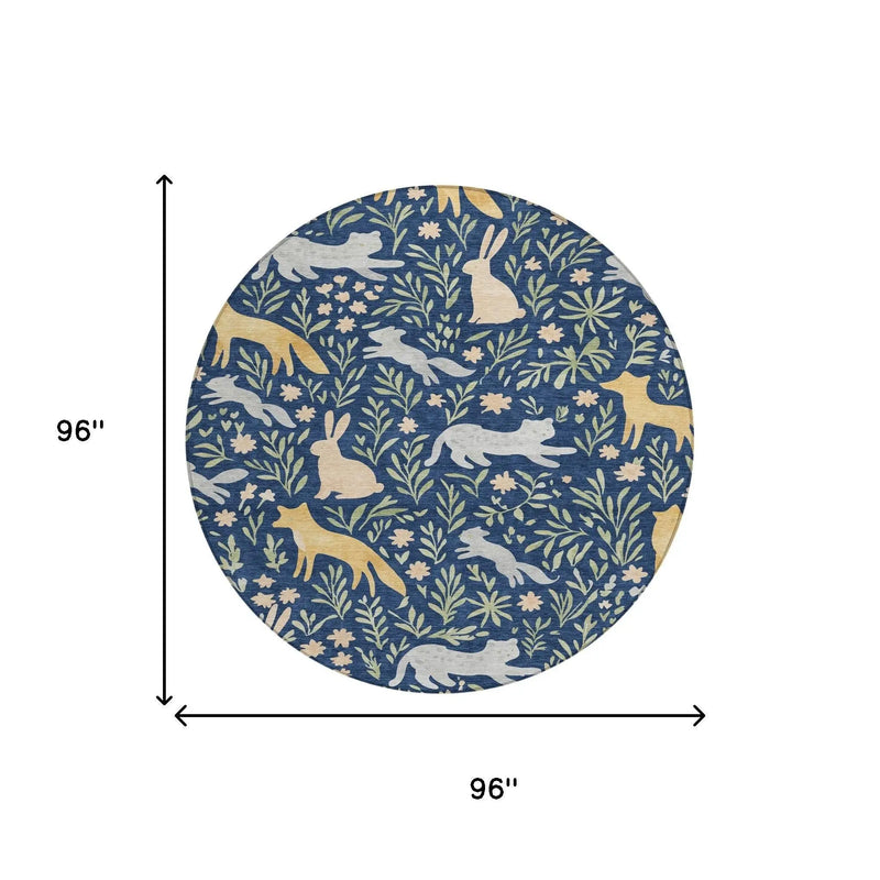 8' Navy Blue And Gold Round Botanical Leaves Washable Indoor Outdoor Area Rug Homeroots Outdoor