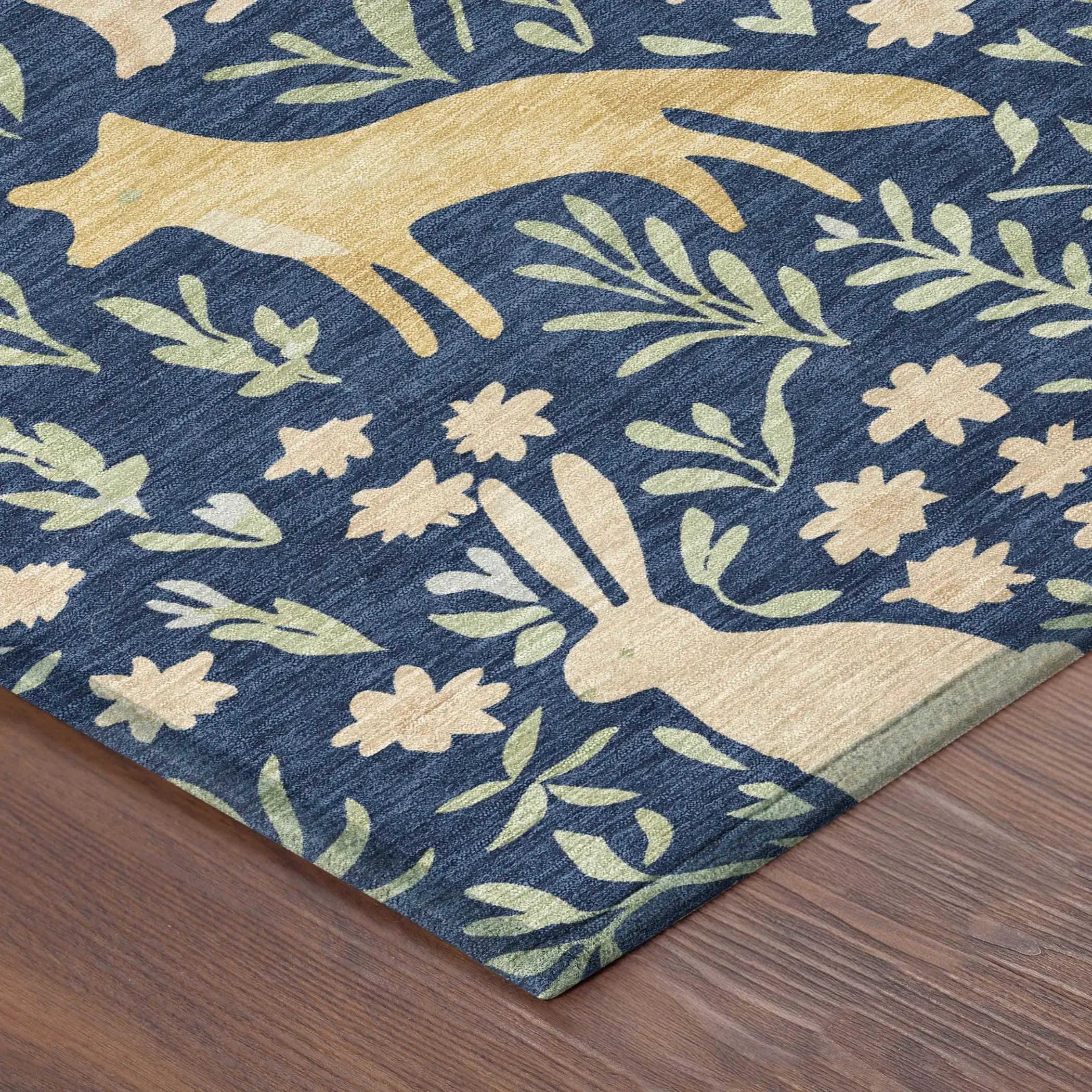 8' Navy Blue And Gold Round Botanical Leaves Washable Indoor Outdoor Area Rug Homeroots Outdoor